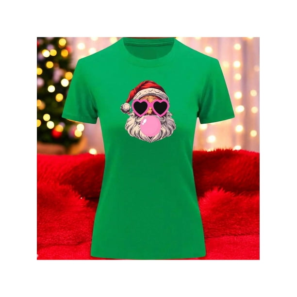 Playera Blusa Con Estampado De Santa Fashion Con Lentes Y Chicle Ropa De Mujer Color Verde Talla Grande Marca Emil SaEs