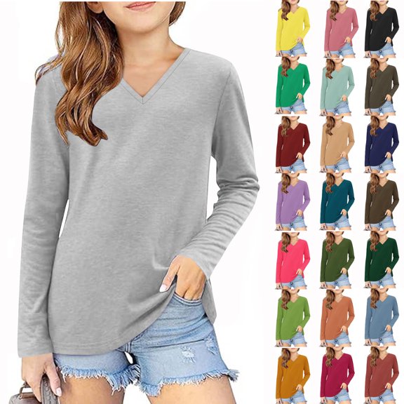 Asxite Girls and Boys Solid Tops Long Sleeve V Neck T Shirt Fall Casual School Uniform