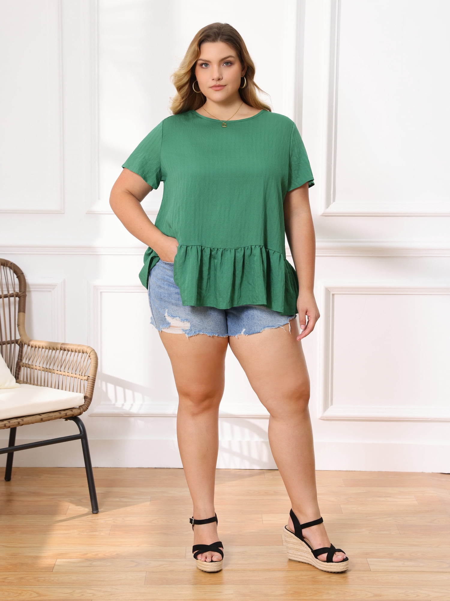 DARING DIVA Women's Plus Babydoll Tops Crew Neck Blouses 4X Green