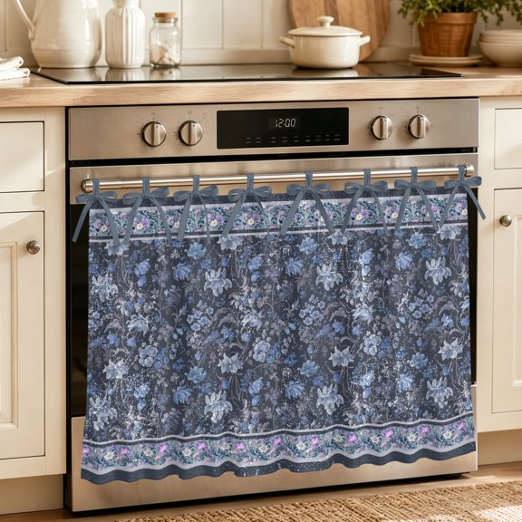 Oven Skirt Curtain for Kitchen 20x27 Inch, Navy Blue Floral Oven Curtain with 8 Ribbon Ties & Ruffle Trim, Stove Skirt Curtain Dishwasher for Cabinets Over Sinks Ethnic Tribe Abstract Art Flowers