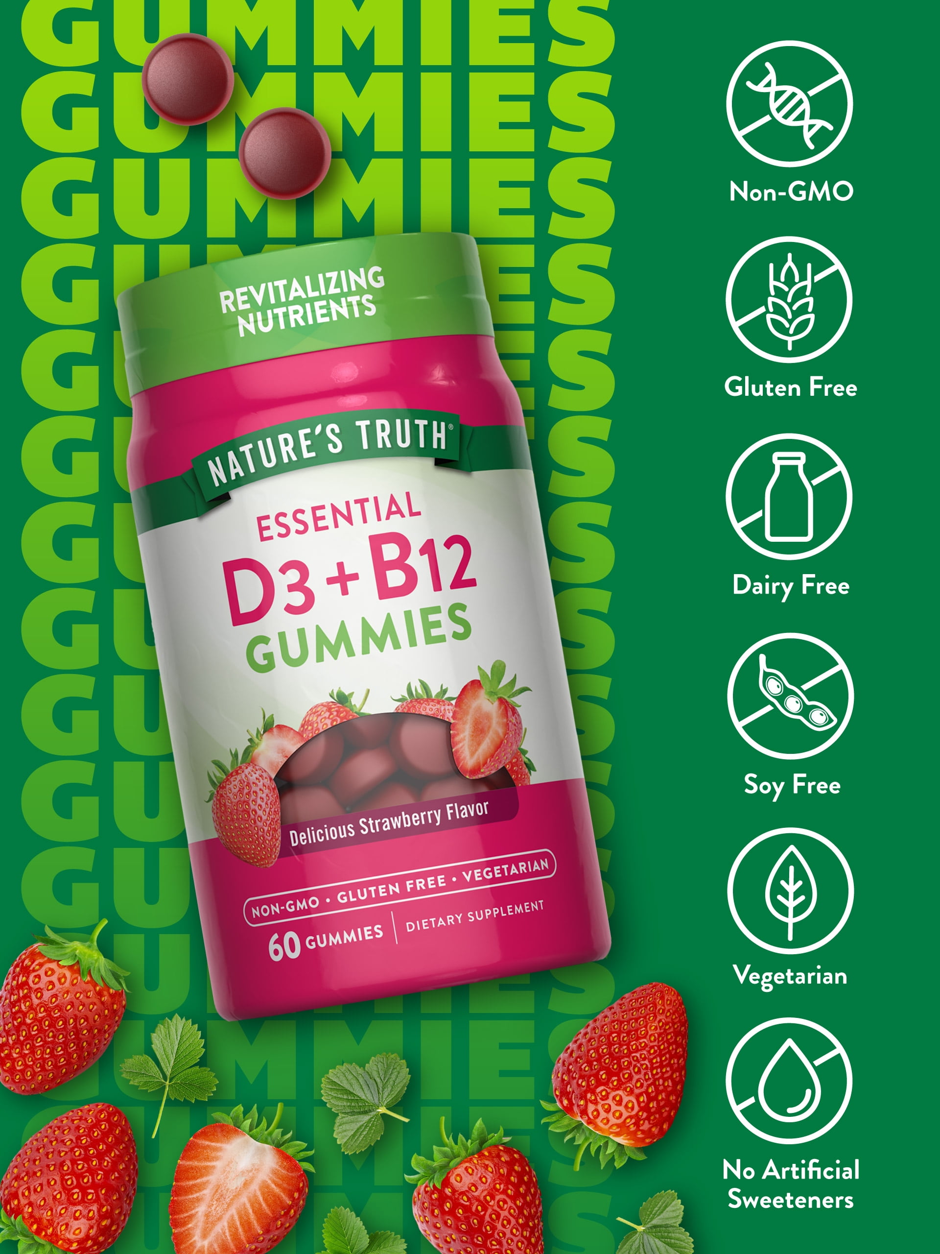 Vitamin D3 and B12 Gummies | 60 Count | Strawberry Flavor | by Nature's Truth
