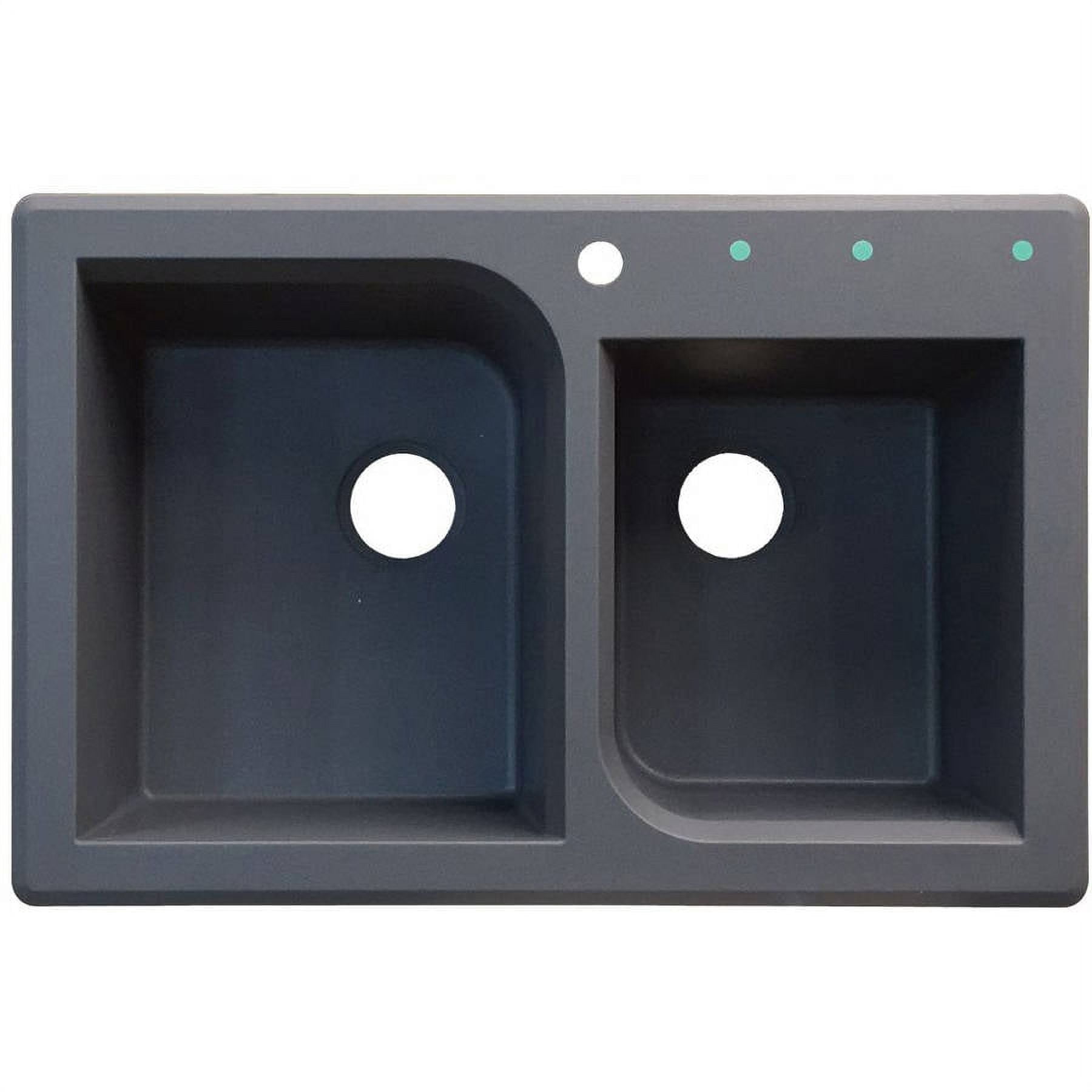 Transolid Radius 33in x 22in silQ Granite Drop-in Double Bowl Kitchen Sink with 4 ABCD Faucet Holes, In Grey