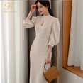 thumbnail image 4 of H Han Queen-vestido de tubo ajustado con manga abombada y cuello levantado para mujer, vestido Midi informal de color sólido, gran oferta, otoño, 4 of 5