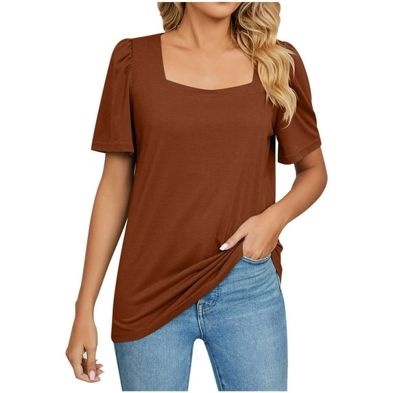 Bigersell Women's Short Sleeve T Shirts Women Solid Color Casual Square Neck Short Sleeve Loose T-Shirt Blouse Tops Plus Muscle V-Neck Short Sleeve Casual T Shirts Style B28841, Coffee M