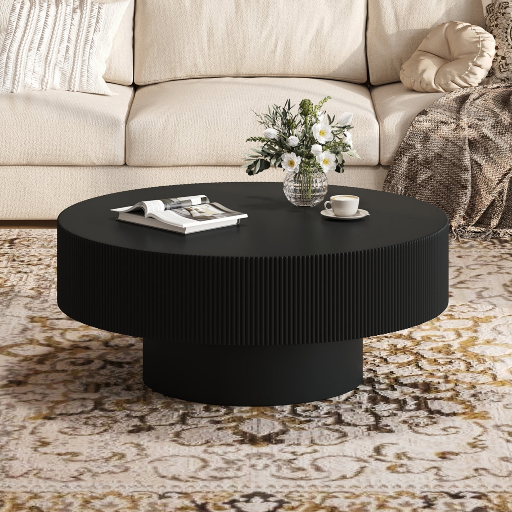 Euroco Elegant Easy Assembly Round Coffee Table with 6.8" Thick Tabletop, Modern Drum End Table, Minimalist Fluted Center Table with Sturdy Base for Living Room, Black, 31.5"W*13.7"H