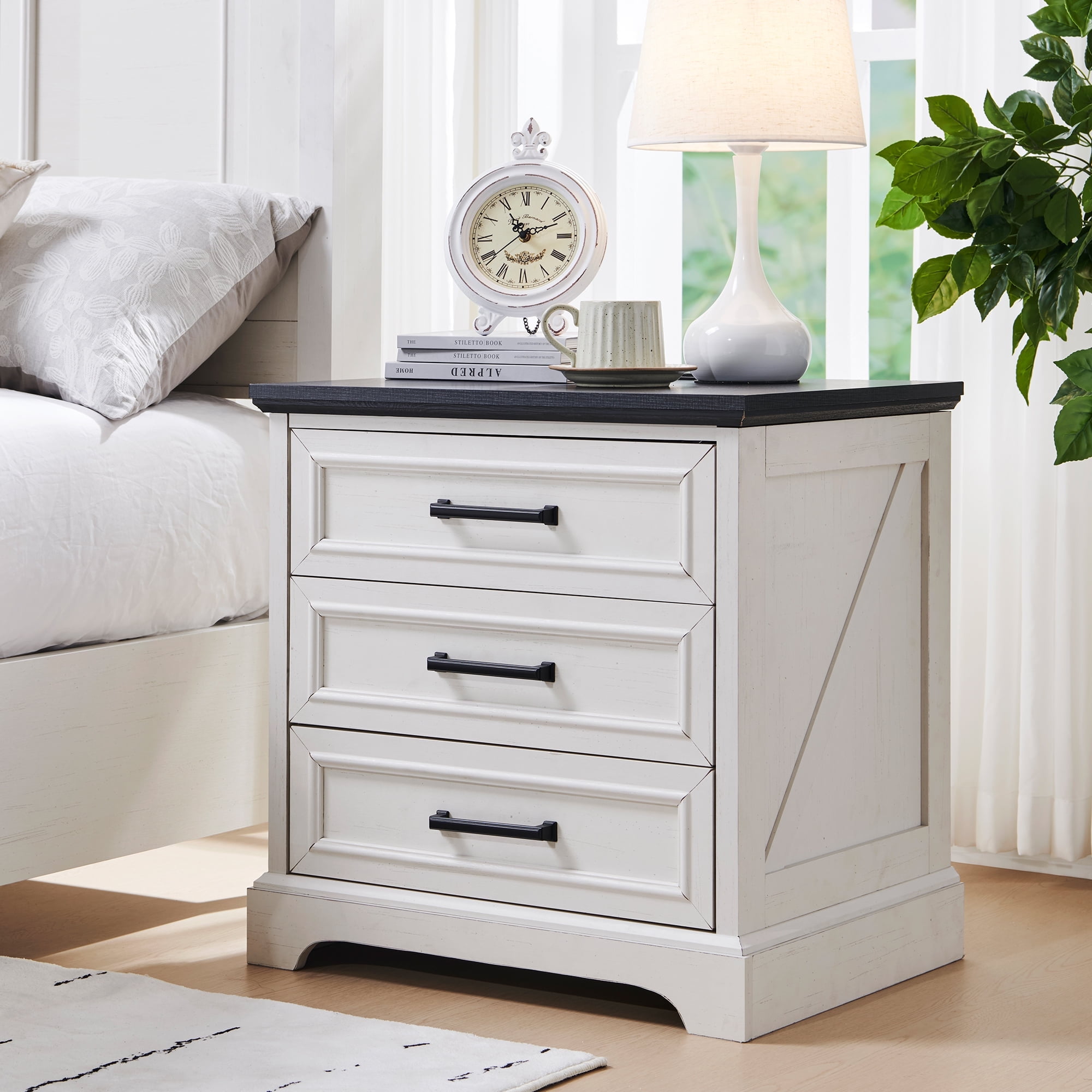 ACCOHOHO 3 Drawer Nightstand Set of 2 with Charging Station - Farmhouse End Tables, Rustic Side Tables for Bedroom & Living Room, White