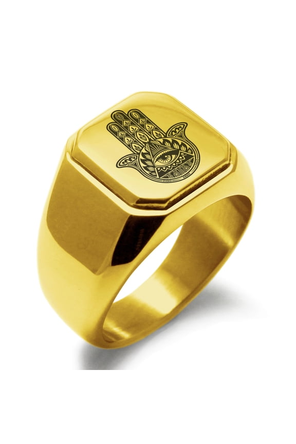 Stainless Steel All Seeing Eye Hamsa Hand of Fatima Engraved Square Flat Top Biker Style Polished Signet Ring