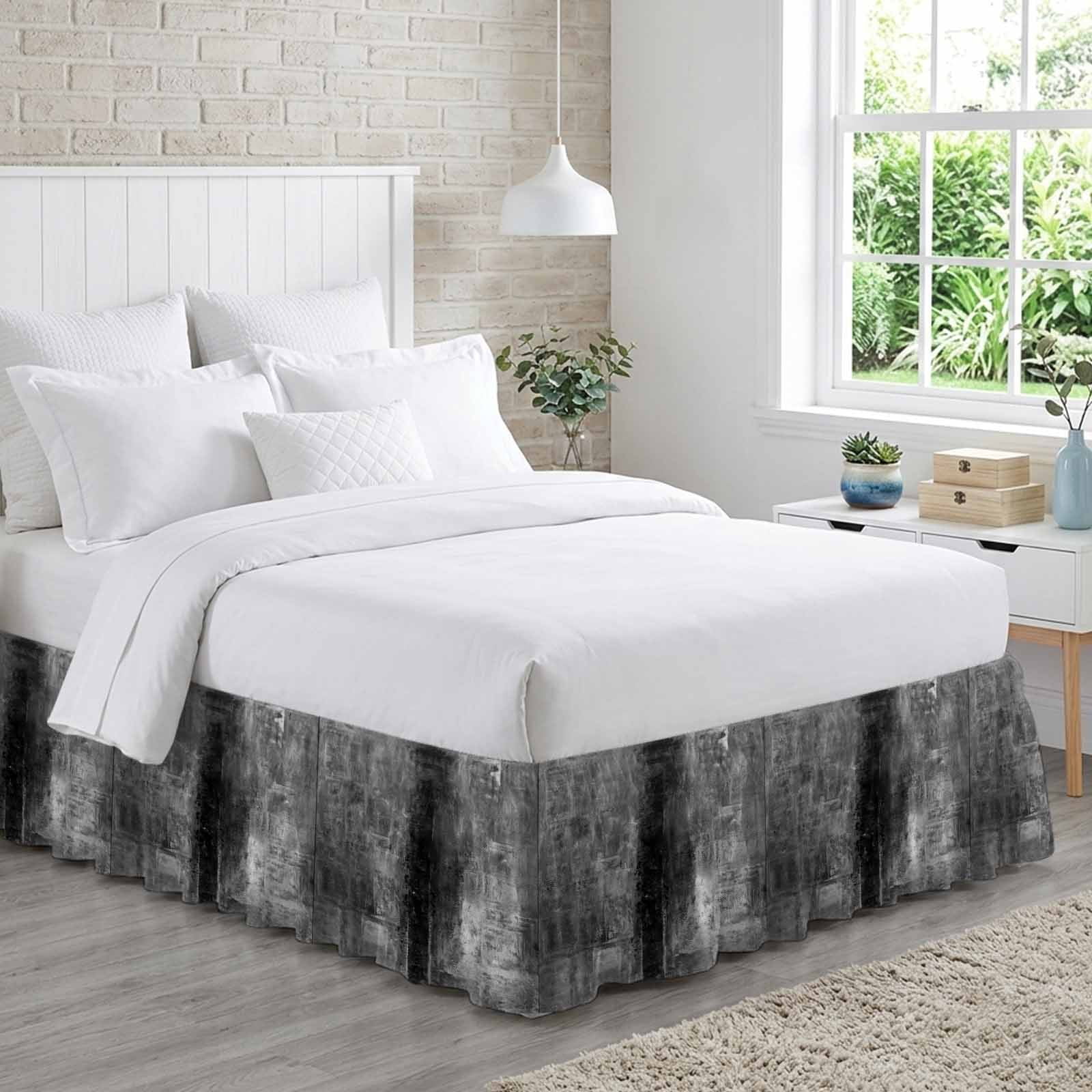 Gray Bed Skirt King Size 16 Inch Drop, Adjustable & Elastic Wrap Around Bed Skirts Pleated Dust Ruffles For Twin Full Queen Cal King Base Beds, Retro Oil Painting Modern Abstract Art Aesthetics