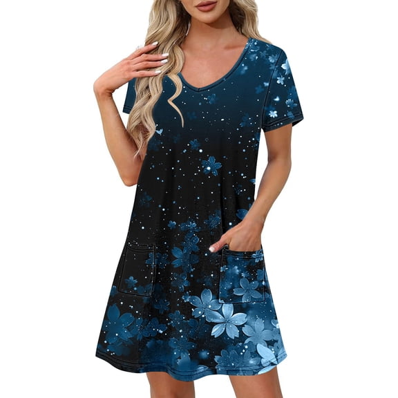 Alkepwun Holiday Dresses for Women Casual V Neck Short Sleeve Floral Boho Flowy Mini Dresses Loose Lightweight Breathable Beach Vacation Pockets Sundress