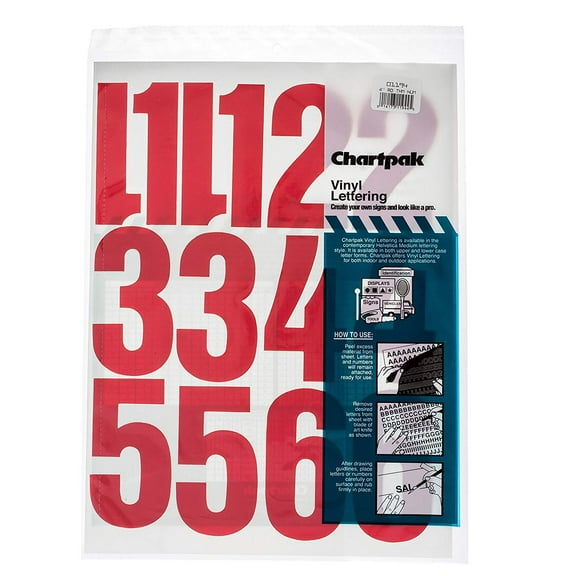 Chartpak Self-Adhesive Vinyl Numbers, 4 Inches High, Red, 23 per Pack (01194)