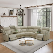 TAORUIFANG Beige 3-Piece Power Recliner Sectional Sofa, Khaki Leather Reclining Couch Set with LED, L-Shaped Sectional Living Room Furniture with USB Port/Storage/Cup Holders