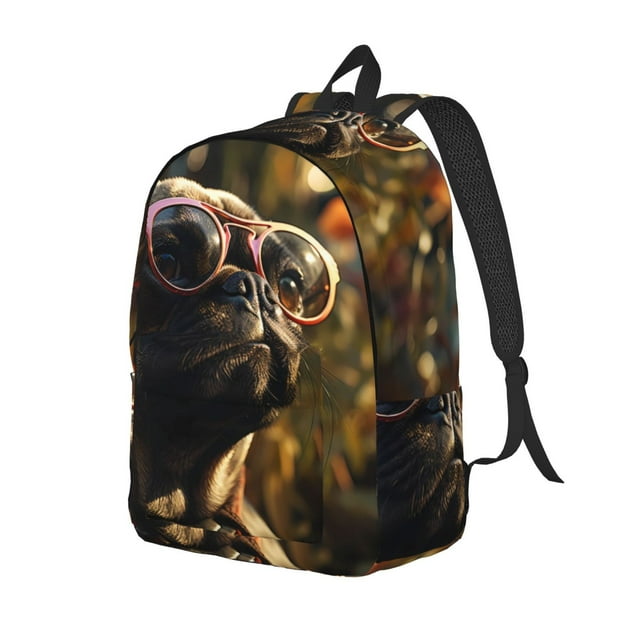 Kdxio Pug Wearing Sunglasses Flowers Print Canvas Backpack for School Work Travel Lightweight Unisex Daypack with Laptop Compartment and Adjustable Straps-Small