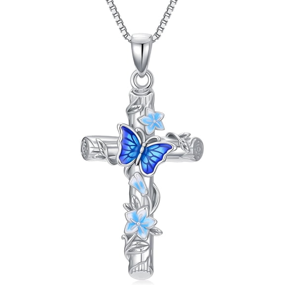 DVEATR Cross Butterfly Necklace 925 Sterling Silver Wood Grain Cross Christian Faith Religious Jewelry Gift for Women