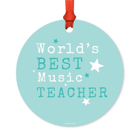 Round Metal Christmas Ornament, World's Best Music Teacher, Includes Ribbon and Gift