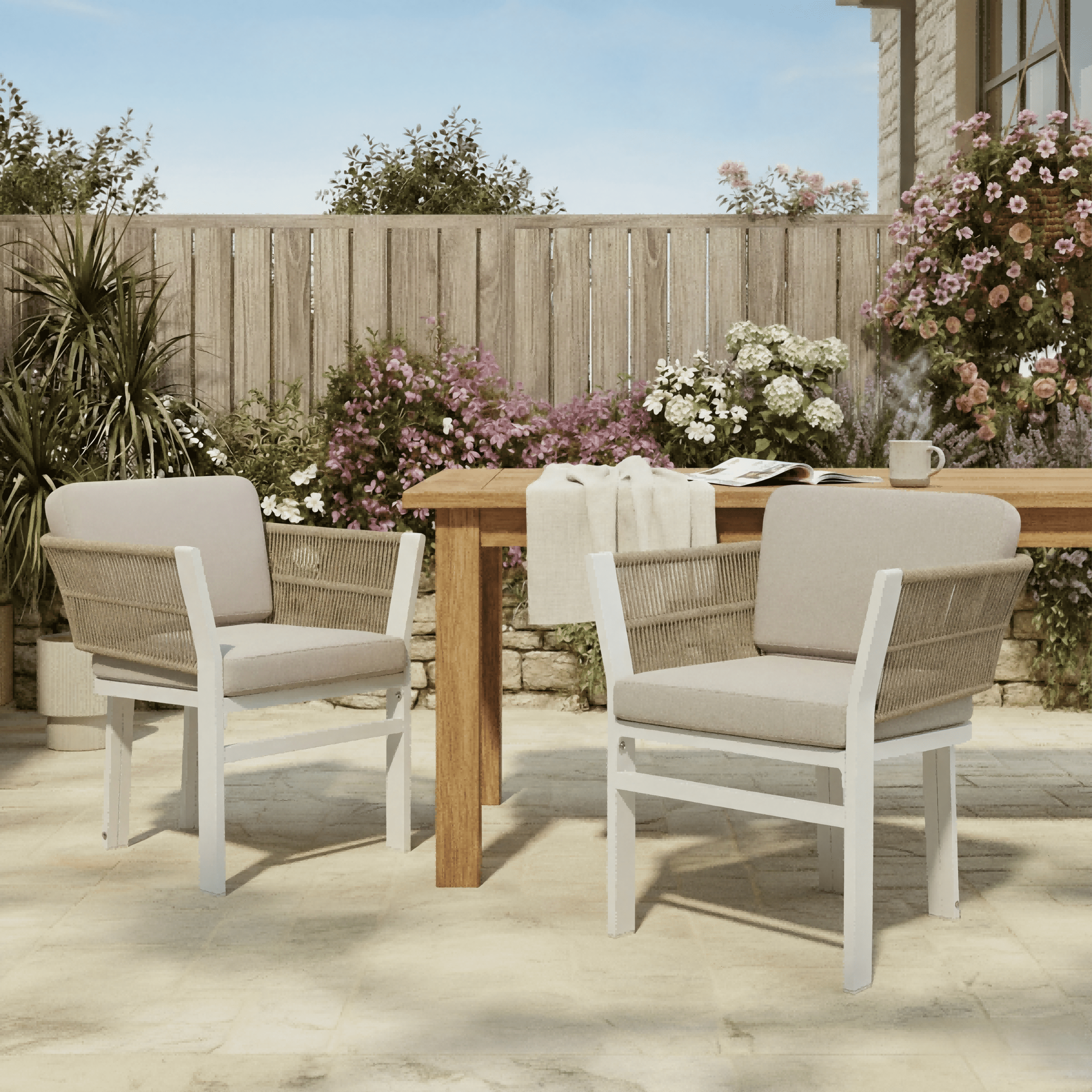 Outdoor Dining Chair Set of 2, White Aluminum Frame with Beige Cushion All-Weather Patio Seating, White
