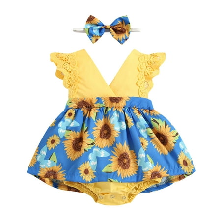 

Girl Clothes 3t-4t Cute Kid Crop Tops Sunflower Set Print Jumpsuit+Headband Girl Baby Sleeveless Romper Outfit Girls Outfits&Set Baby Girl Bodysuit