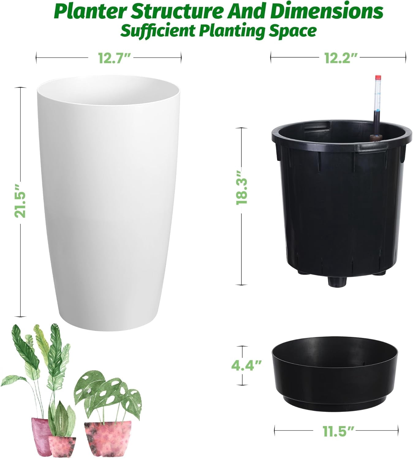 Goldensoil 2 Pack 21.5" Tall Round Planter Pots, with Water Level Monitor & Inner Bucket, White