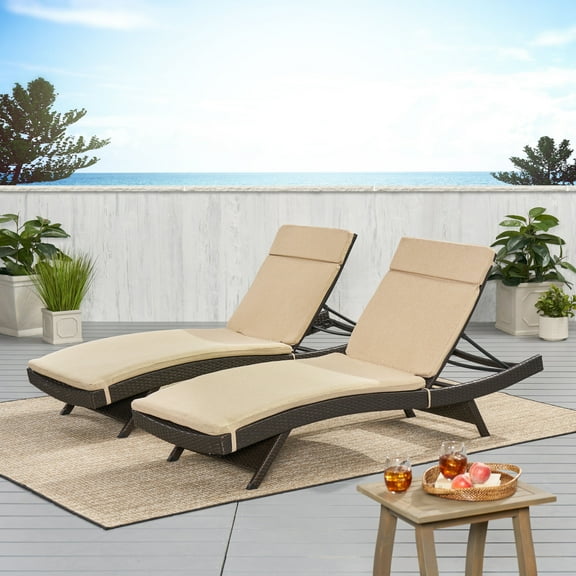 Anthony Outdoor Wicker Adjustable Chaise Lounge with Cushions, Set of 2, Brown, Textured Beige
