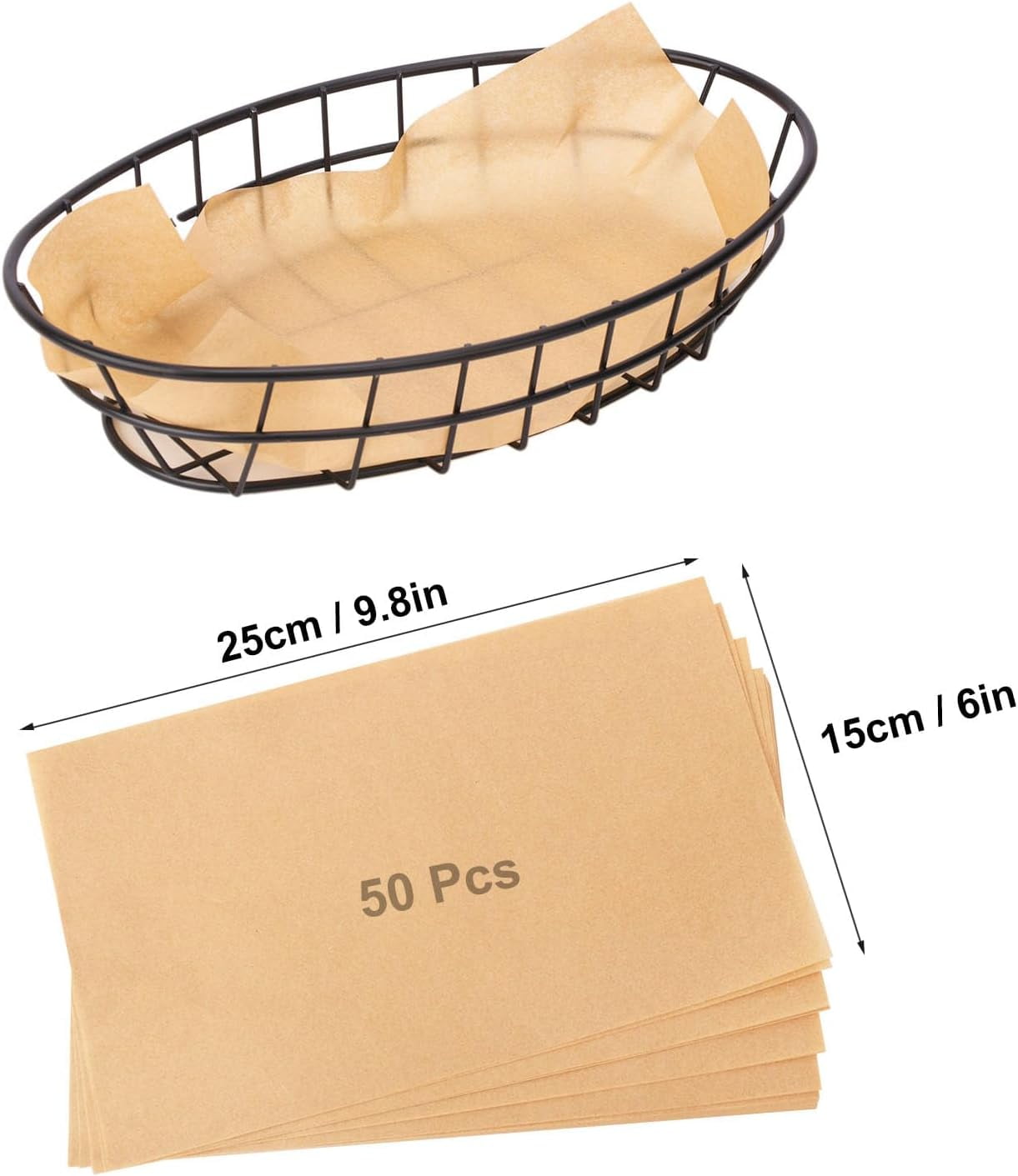 12 Pack Wire Bread Basket with 50 Sheets Deli Wrappers Paper, 9.65 x 6.1 x 2.17 Inch Metal Oval Bread Basket for Food & Fruit Serving – Durable Black Wire Baskets for Home & Kitchen