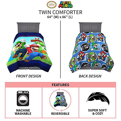 MJ8638 Kids Bedding Soft Twin Size 64” x 86” Super Mario Comforter 