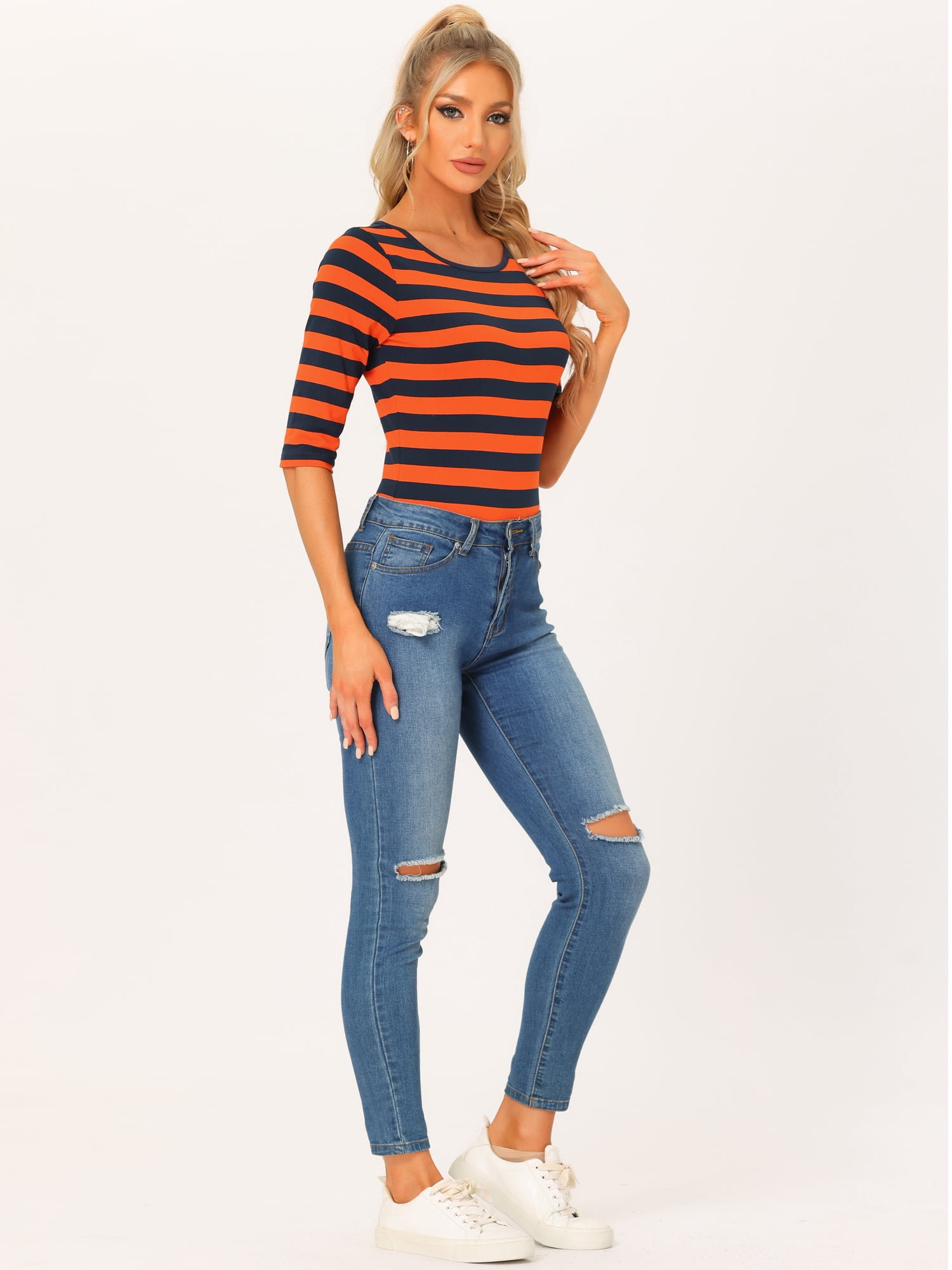 DARING DIVA Women's Halloween Costume 1/2 Sleeve Floral Top S Orange Navy Blue