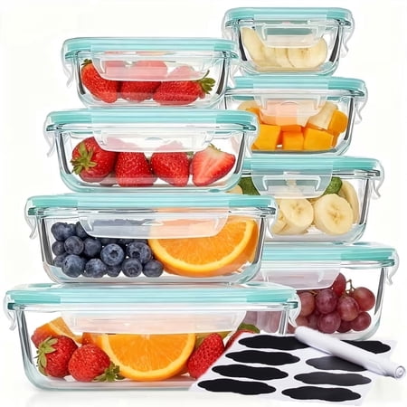 8 pack glass food storage containers, meal prep, airtight bento boxes with leak proof locking lids, for microwave, lunch boxes, oven, freezer and dishwasher, bpa free with free labels&marker pen