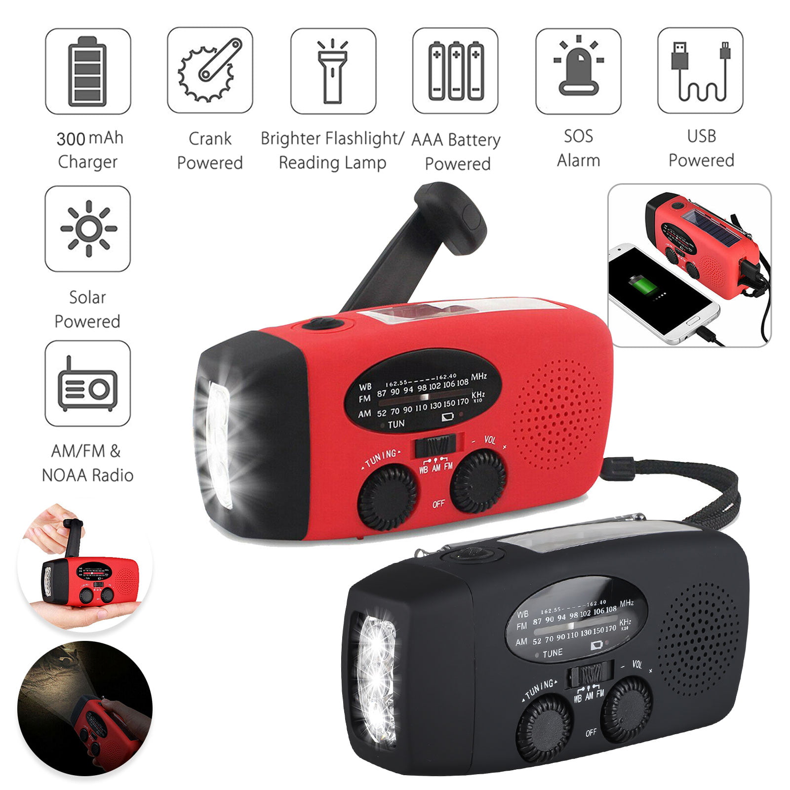 ZHIKE Emergency Solar Hand Crank Portable Radio Green 2000mAh Power Bank USB Charger and SOS Alarm Reading Lamp for Home and Emergency Survival kit AM/FM/NOAA Weather Radio with LED Flashlight 