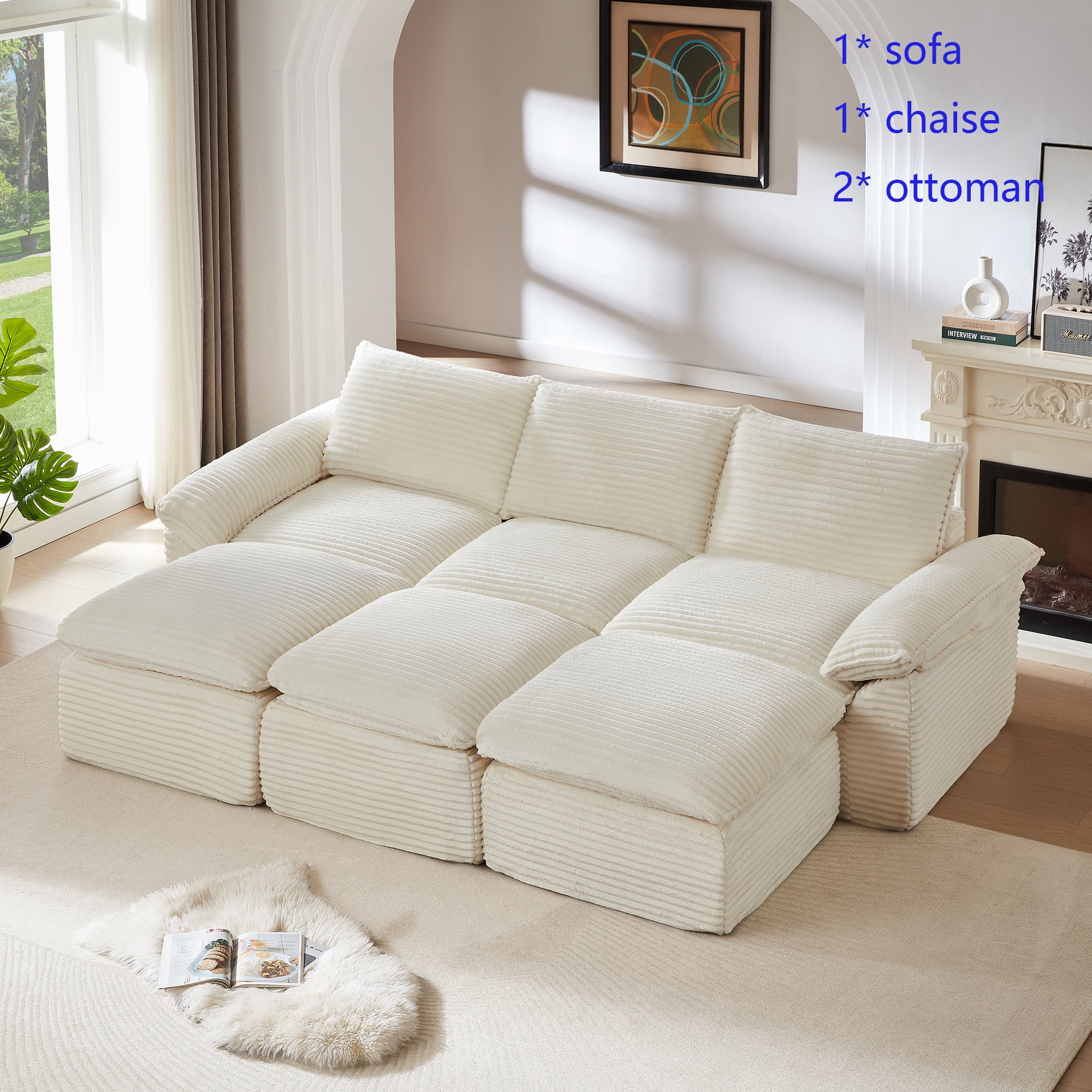 Miniyam 30.7" * 30.7" * 21" Ottoman for Sectional Sofa Corduroy White, Modern Comfy Footrest