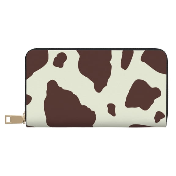 Large-Capacity Pu Leather Wallet Unisex Multi-Card Compartments Stylish Clutch Bag Cow Print Brown