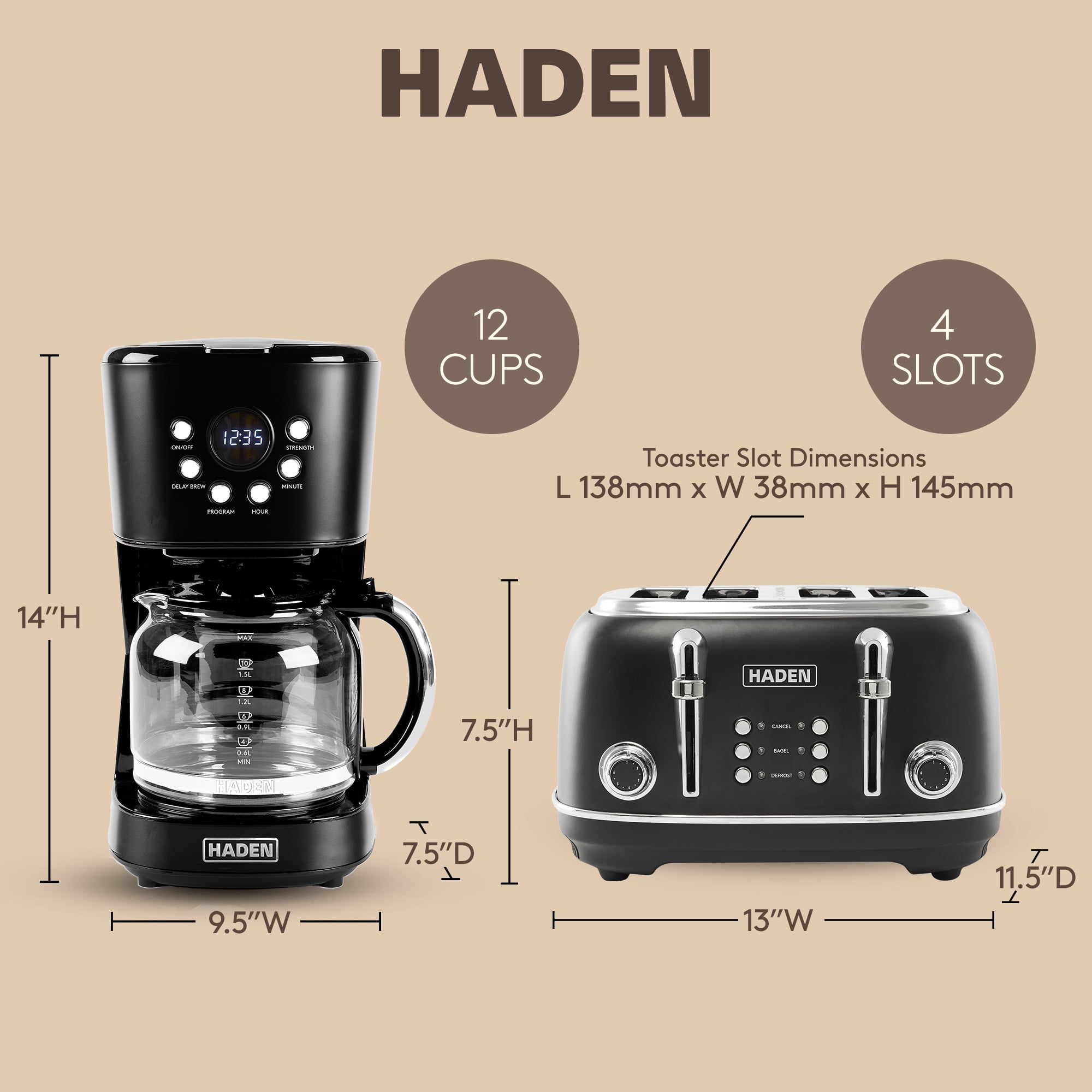 Haden Heritage 4 Slice Wide Slot Toaster & Coffee Maker, Black & Chrome