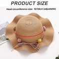 thumbnail image 2 of 50-54cm head circumference summer girls wave edge straw hat sunscreen hat sun hat bow hairball beach hat with windproof rope - Khaki, 2 of 5