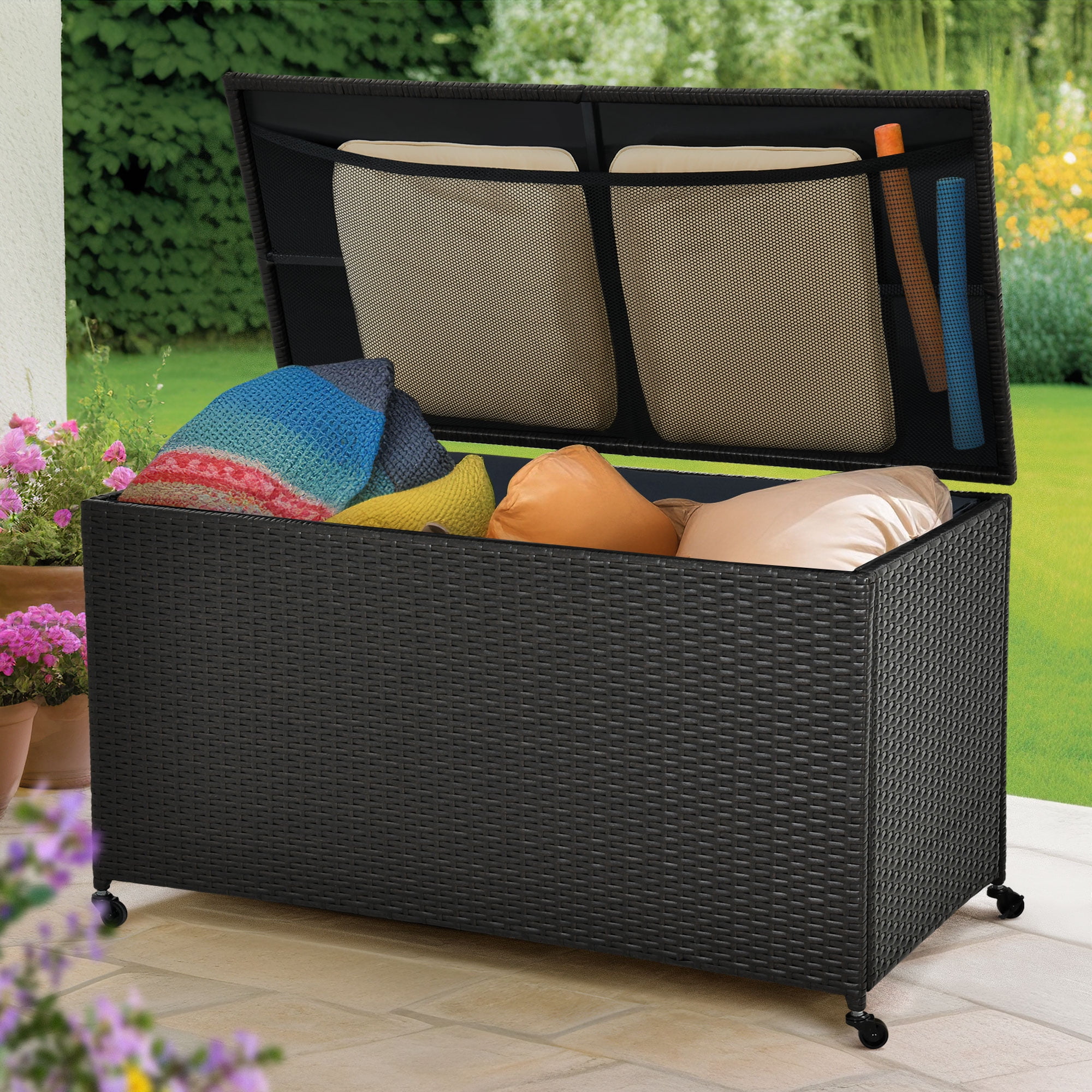 DEXTRUS Outdoor Wicker Storage Box with Wheels, 120 Gallon Waterproof