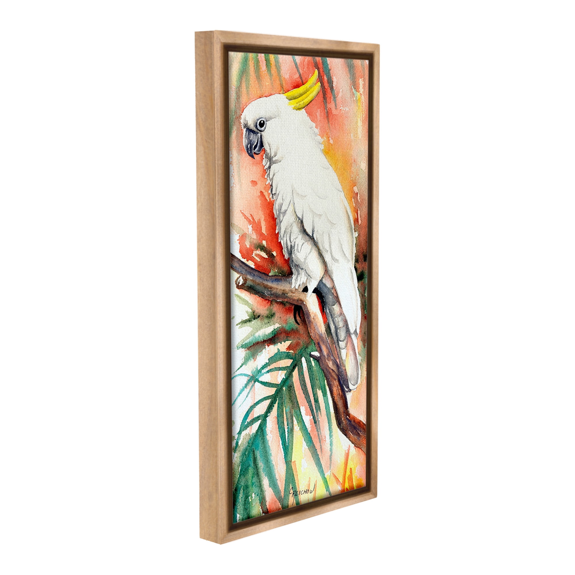 Stupell Industries Cockatoo in Rainforest Animals & Insects Painting Brown Floater Framed Canvas Art Print Wall Art, 11 x 25