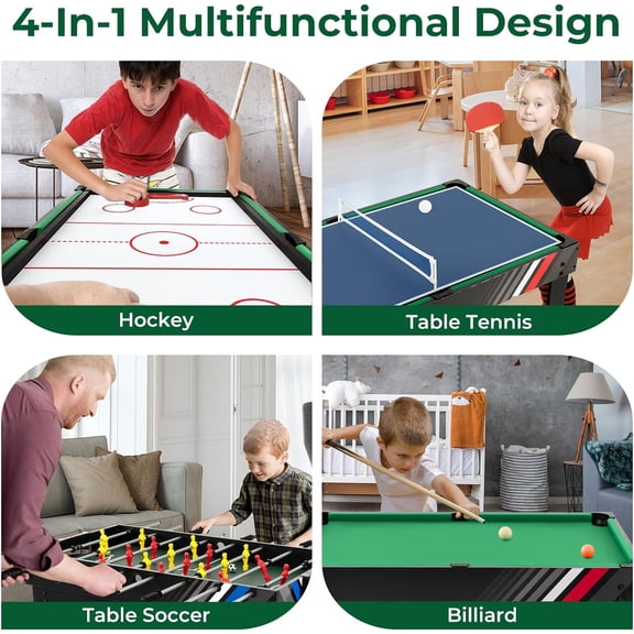 4 in 1 Multi Game Table, 48 Inch Combo with Hockey Foosball Pool & Tennis for Home Game Room