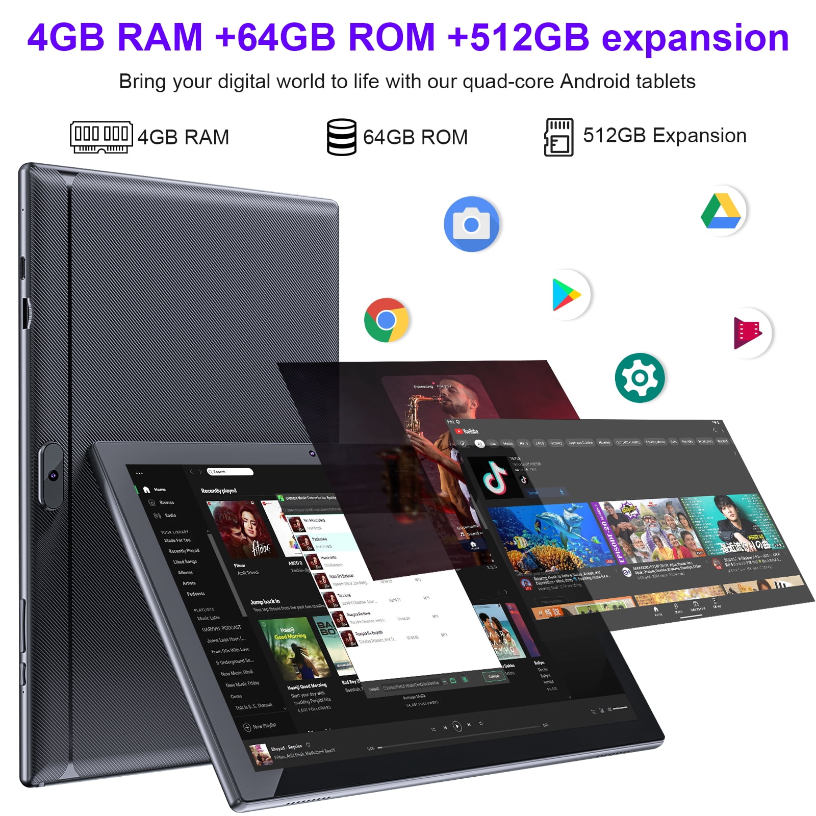 10 inch Tablet Android, 2 in 1 Tablet with Keyboard, 4GB+64GB Tablet PC, Quad Core, 1280 * 800 HD Screen, Dual Camera, Wi-Fi, BT Computer Tablets with Case Mouse Stylus
