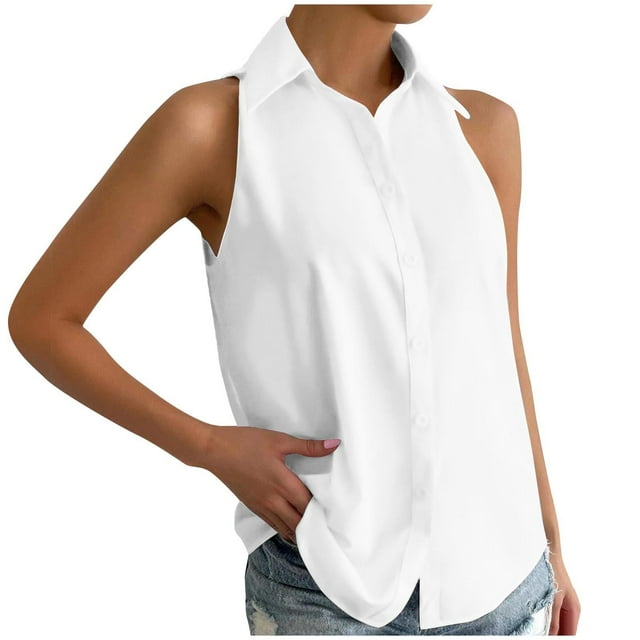 Staron Womens Sleeveless Tops Solid V Neck Tunic Sleeveless Button Down Blouses Collared Tops Flowy Basic Work Office T-shirt
