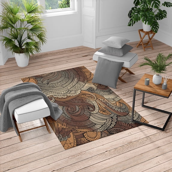 Abstract Turkish Area Rug, Ocean Inspired Graphic Paisley Pattern Swirled Hand Drawn Art Print, Soft Carpet for Living Room Decor with Distressed Look, 4' X 5.7', Apricot Beige, by Ambesonne