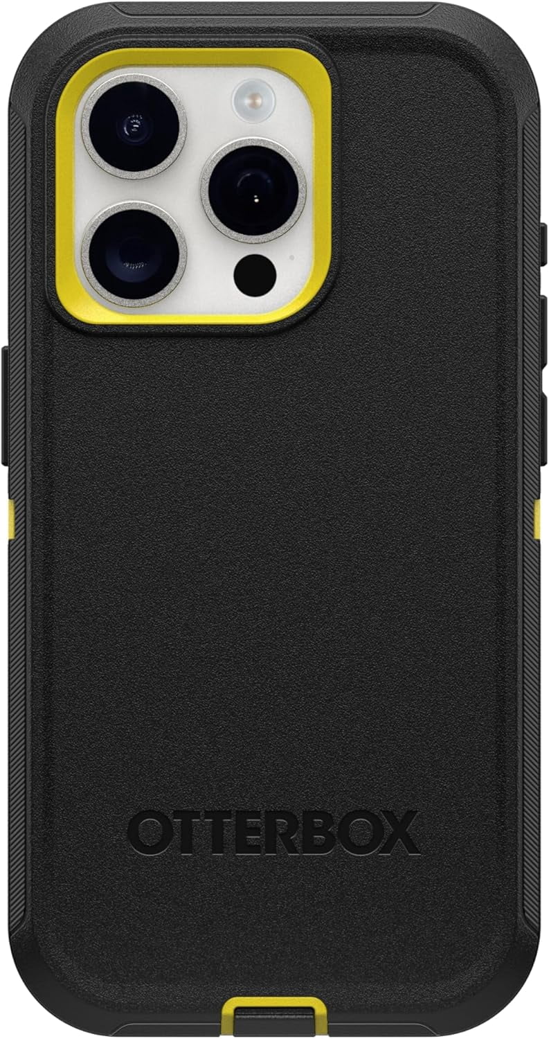 OtterBox iPhone 15 Pro (Only) - Defender Series Case - Night (Black & Yellow) - Screenless - Rugged & Durable - with Port Protection - Holster Clip Includes - Non-Retail Packaging