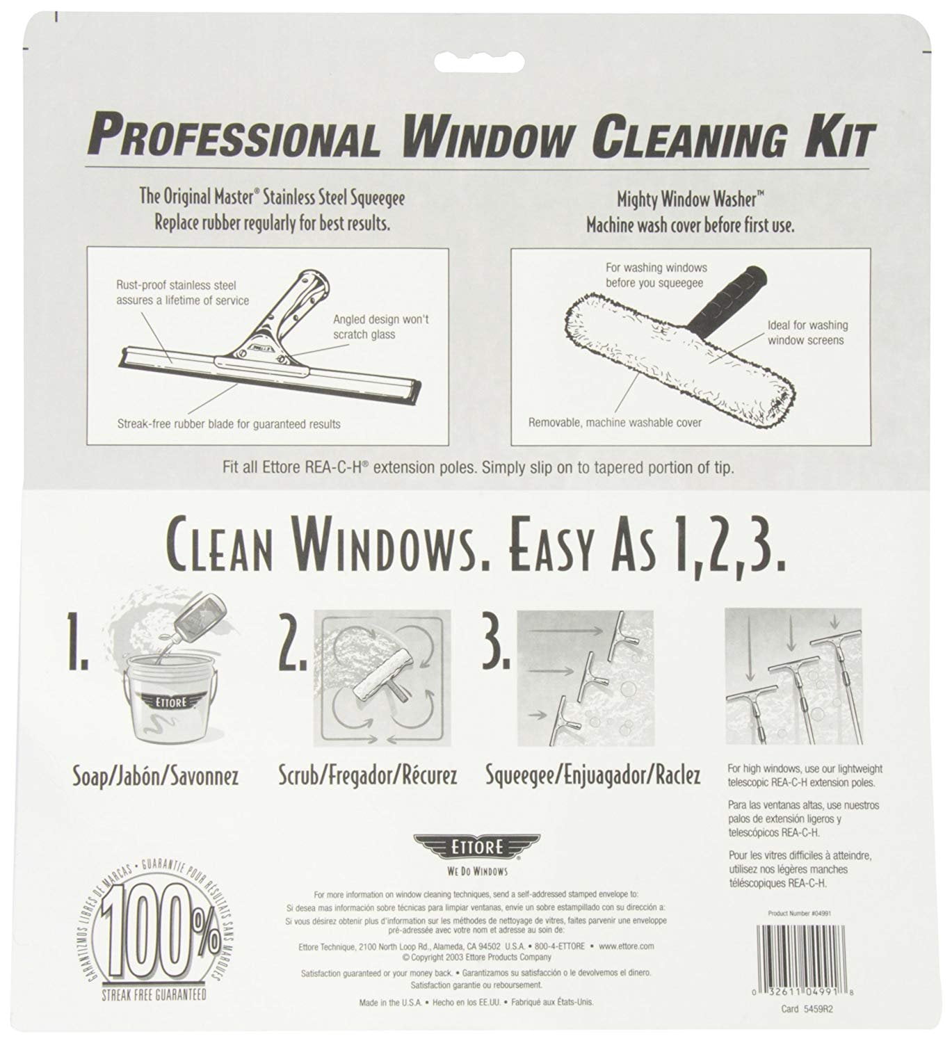 Ettore 17050 All-Purpose Window Cleaning Combo Kit Includes 12-Inch All-Purpose Squeegee, 10-Inch All-Purpose Microfiber Washer and 42-Inch REA-C-H