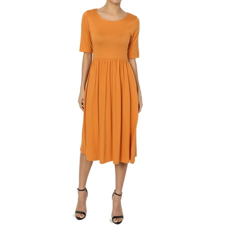 - TheMogan Women's 1/2 Short Sleeve Pleated Empire Waist Fit & Flare Pocket Dress