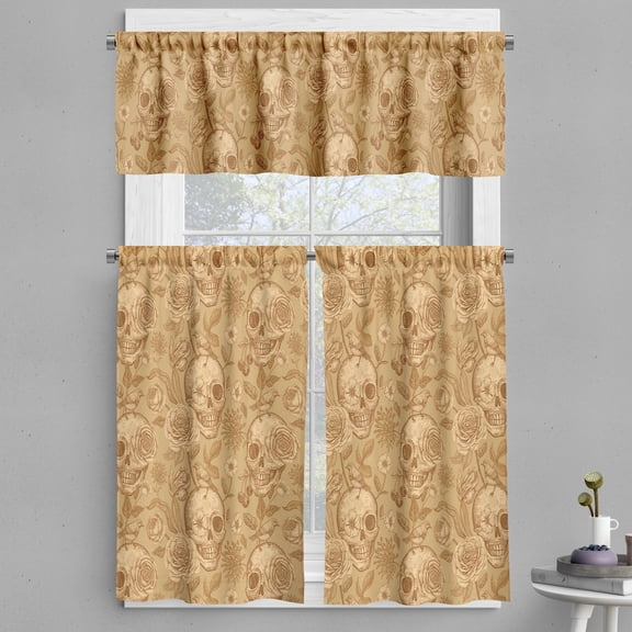 Ambesonne Vintage Rose Valance & Curtain, Skulls Flowers Birds, 55"x24", Pale Coffee Peach Almond