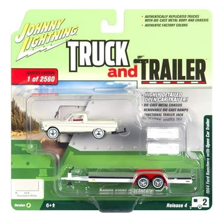 1964 Ford Ranchero Pickup Truck Wopen Car Trailer Wimbledon White Ltd Ed 2560 Pcs 164 Diecast Car By Johnny Lightning