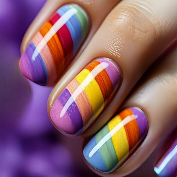 KUFptva 24 Pcs Glossy Full Covers Stick on Nails Mediums Square False Nails Stripes Press On Nails Rainbow Artificial Nails