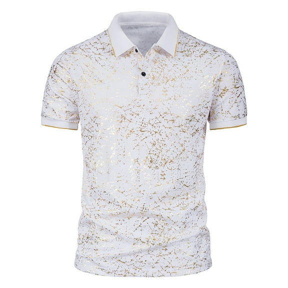 Inkach Men Turn-Down Collar Print Short-Sleeve Buttons Blouse Polo-Shirt Tops