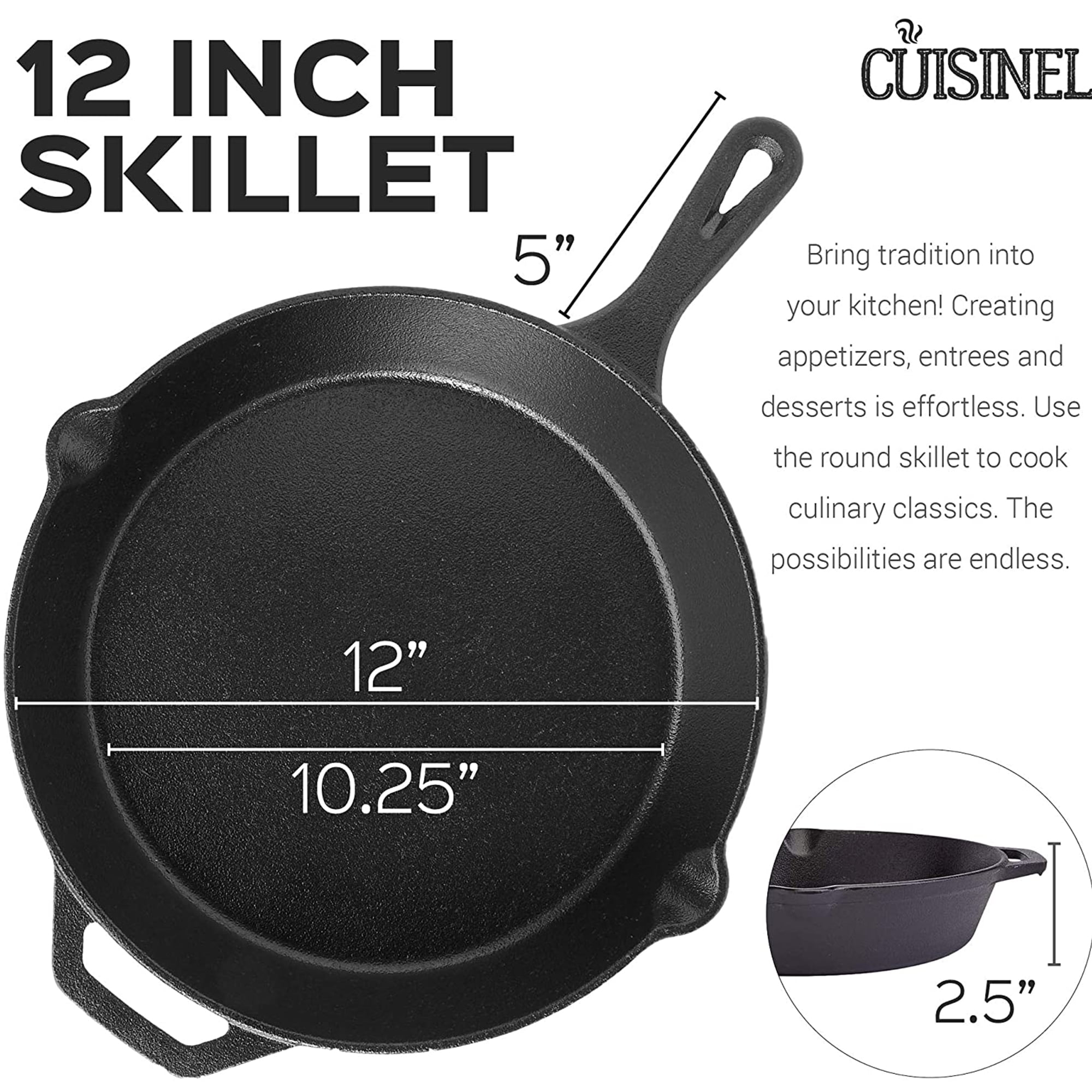 Cuisinel Cast Iron Skillet with Lid - 12″-Inch Frying Pan + Glass