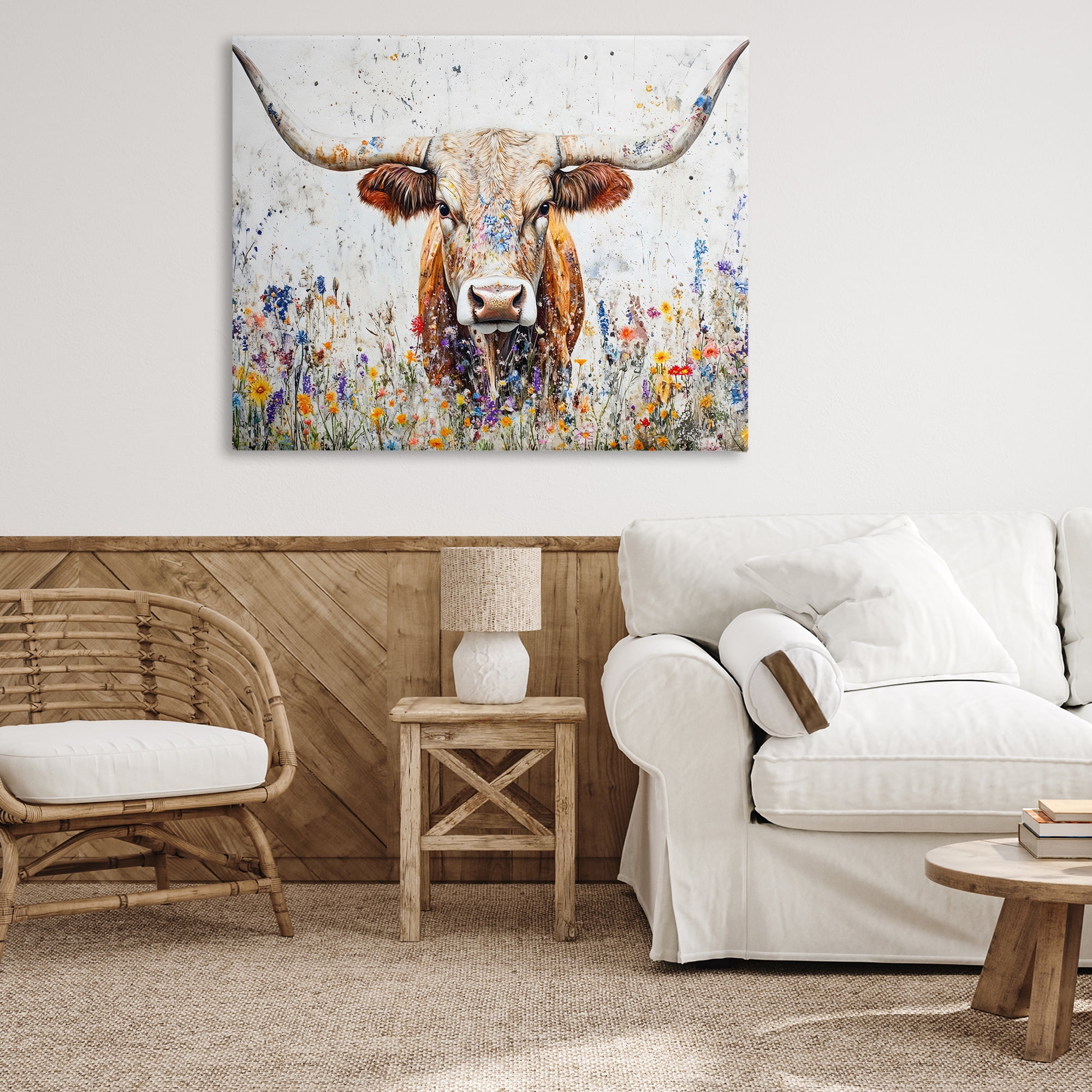 Stupell Industries Texas Longhorn Speckled Flowers Animals Painting Wrapped Canvas Canvas Art Print Wall Art, 48 x 36