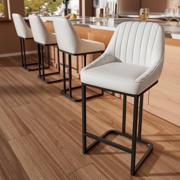 iooHug Set of 4 Modern Bar Stools with Metal Legs and Footrest, 24” Upholstered Counter Height Chairs, PU Leather Bar Chairs for Kitchen Island, White
