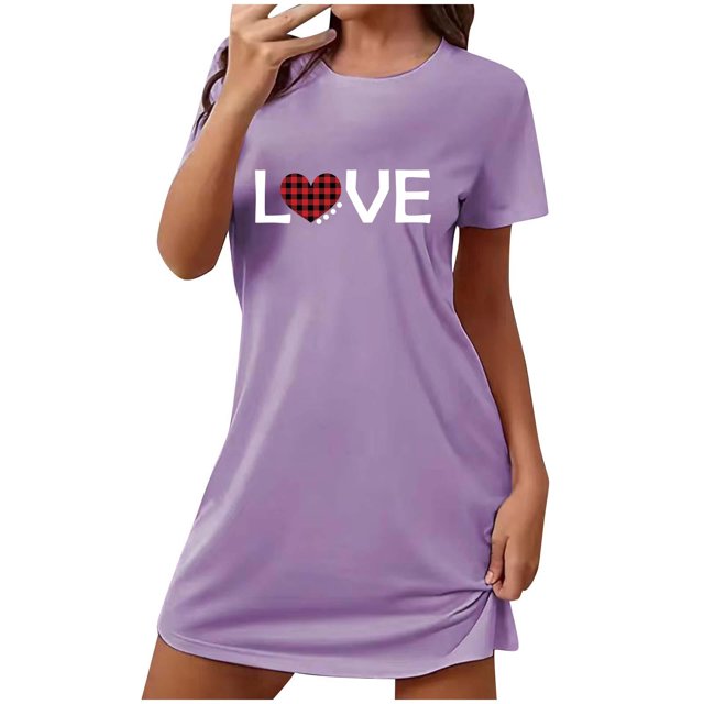 Chemises de Nuit pour Femmes Manches Courtes Chemises de Nuit pour Dormir Nuisette à Enfiler Douce Mignonne Imprimée Robe de Nuit Robes pour Femmes Tenue de Nuit Robe de Pyjama Violet G