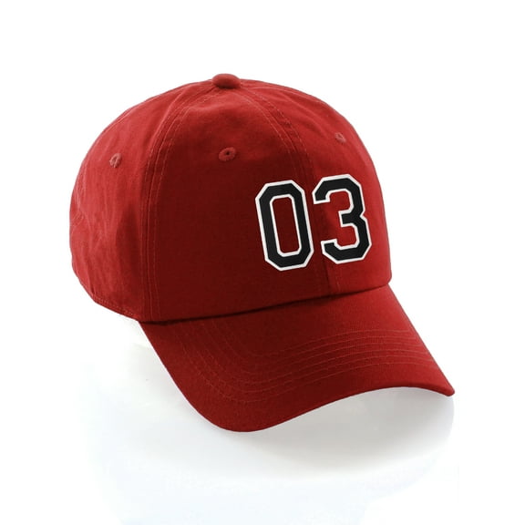 Customized Number Hat 00 to 99 Team Colors Baseball Cap, Red Hat White Black Number 03