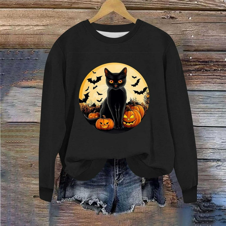 Dazajoo Black Cat Halloween T Shirt for Women Long Sleeve Festival